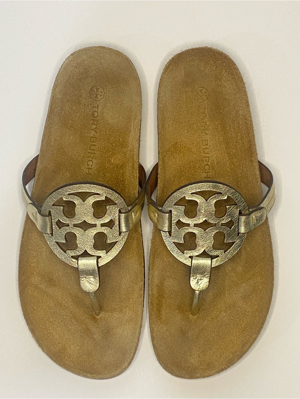 Tory Burch Miller Cloud Metallic Gold Cork Footbed Thong Sandals size 10 EUC - Picture 2 of 11